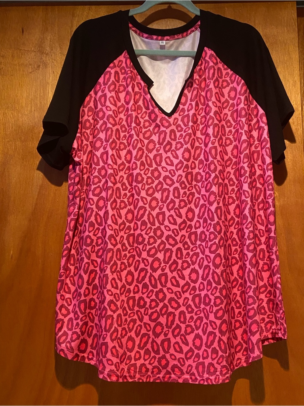 Pink Leopard Print Black V-Neck Tunic Top Plus Size 3XL